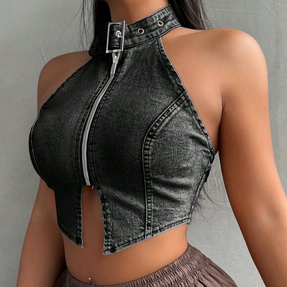 Black Sexy Women's Backless Slim-Fit Denim Top With Halter Neck - Picture 6 of 6